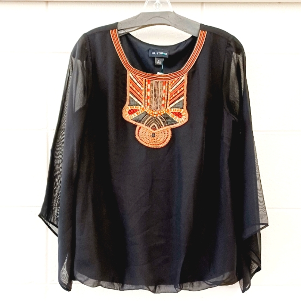 EMBROIDERED Flared Long Sleeve Chiffon Scoup Neck Top by I.N. Studio NWT